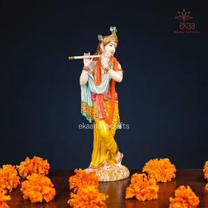 Lord Krishna Statue with Flute | 25CM Marble Dust Murti | Krishna Ji Idol for Home Temple | Hindu God Figurine | Spiritual Gift for Pooja