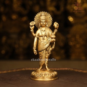 Brass Dhanvantari Statue: Hindu God of Medicine, 8 Inch