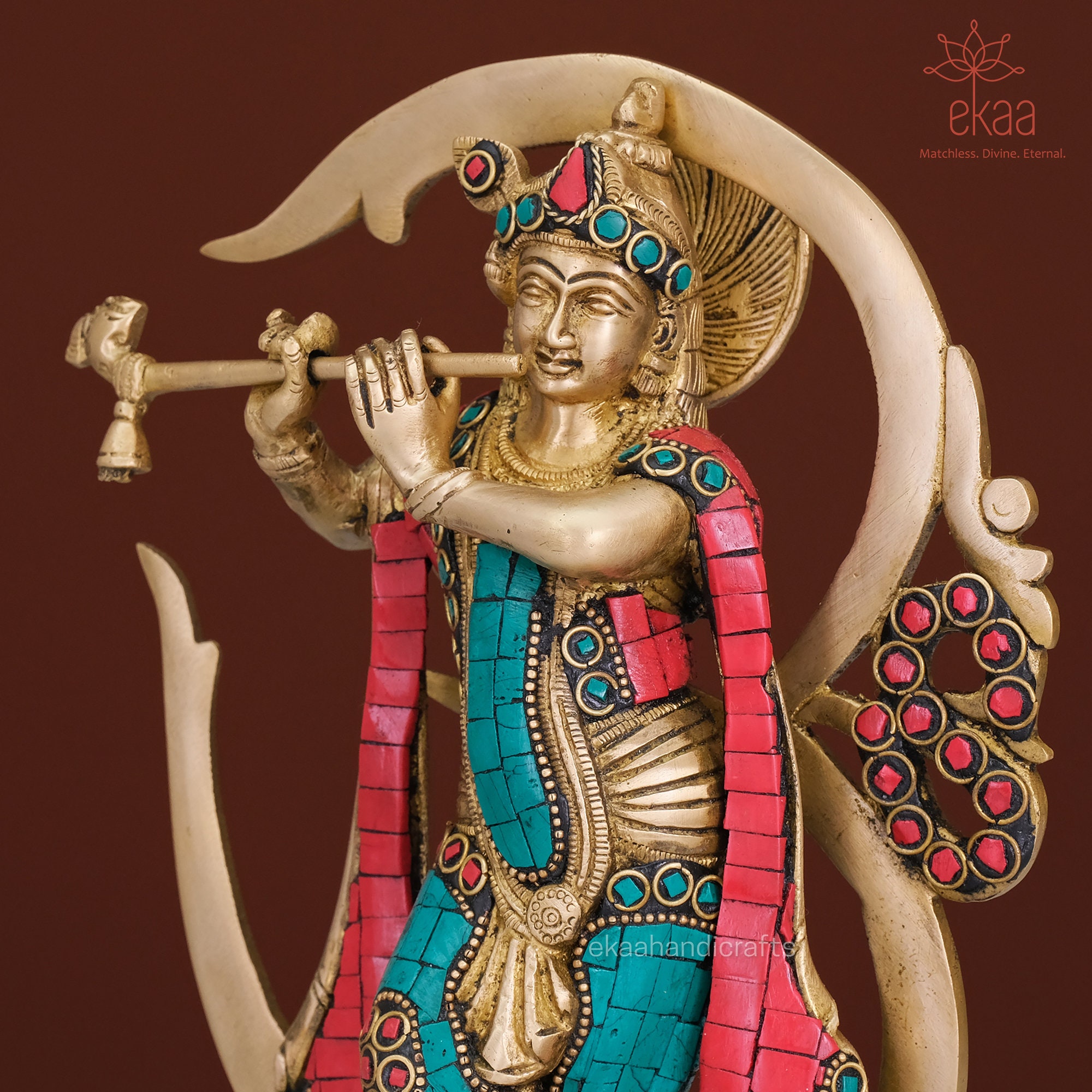 真鍮製クリシュナ神像、オーム、石造りヒンドゥー教偶像、9インチ