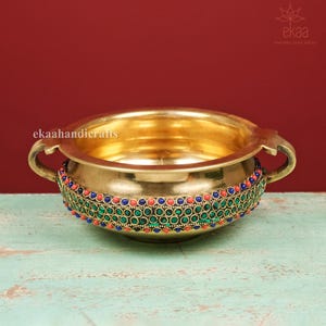 Small Brass Urli with Stonework, Small size Brass Urli , Traditional Indian Brass Uruli Bowl, Housewarming gift, Home Decor