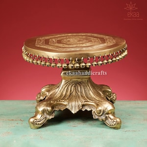 10&quot; Premium Round Chowki in Brass | Pooja Chowki for Home Temple l Chowki for Idols Pooja Rituals | Design Chowki for Mandir Stand