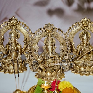 Premium 24CM Brass Lakshmi Ganesh Saraswati Statue | Small Hindu God Idols for Wealth & Wisdom | Mandir Temple Murti | Housewarming Gift