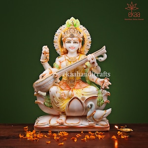Marble Saraswati Maa Statue, 45CM Hand Carved Saraswati idol, Hindu Goddess of Fortune, Abundance, Knowledge, Saraswathi Murti for Temple