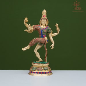Ardhanarishvara Brass Statue 37CM | Large Shiva Parvati Idol with Stonework | Ardhnareshwar Half Shiva Half Parvati Murti | Hindu Home Decor