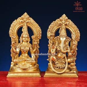 Brass Lakshmi Ganesh Statues, 28CM Laxmi Ganesh Idols, Hindu gods of good luck, Wealth, Wisdom, Arts, Temple Mandir Murti
