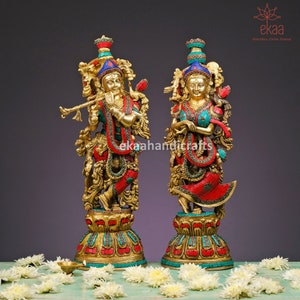 Radha Krishna Statue Brass, 51CM Radha Krishna Idols for Home Temple, Goddess Radha Lord Krishna Hindu Divine Couple, RadheKrishna Figurine