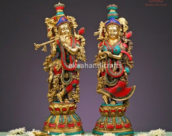 Brass Radha Krishna Statue: Hindu Divine Couple Idol (51cm)