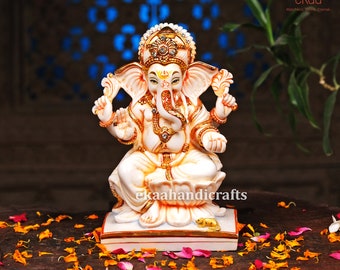 Lord Ganesha Statue for Temple, 18CM Hand Painted Cultured Marble Lord Ganesh Idol, Hindu God of Good Luck, Ganesha Statue for Home decor