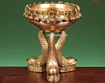 8" Brass Urli Traditional Bowl with Fish Legs, Brass Statue for Corner Table, Urli Decor, Brass Home Decor Flower Uruli, Floating Diya Pot