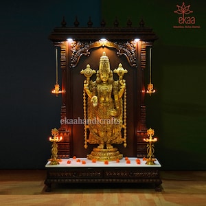 Lord Tirupati Balaji Brass Statue with Wooden Temple and Vaishnav Symbol Lamp, Brass Shankh Chakra Diya Hanging, Big Large Size Home Mandir