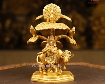 Krishna-Statue aus Messing, 18 cm Kuh Krishna mit Baum Messingidol, Krishna Bhagwan für Tempel Mandir Hindu Religiöses Haus, Lord Krishna Murti