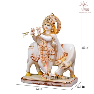 Krishna with Cow Statue in Marble, 38CM Large Size Cow Krishna Stone Idol, Krishna Bhagwan Temple Mandir Pooja Altar Hindu Religious Home image 8