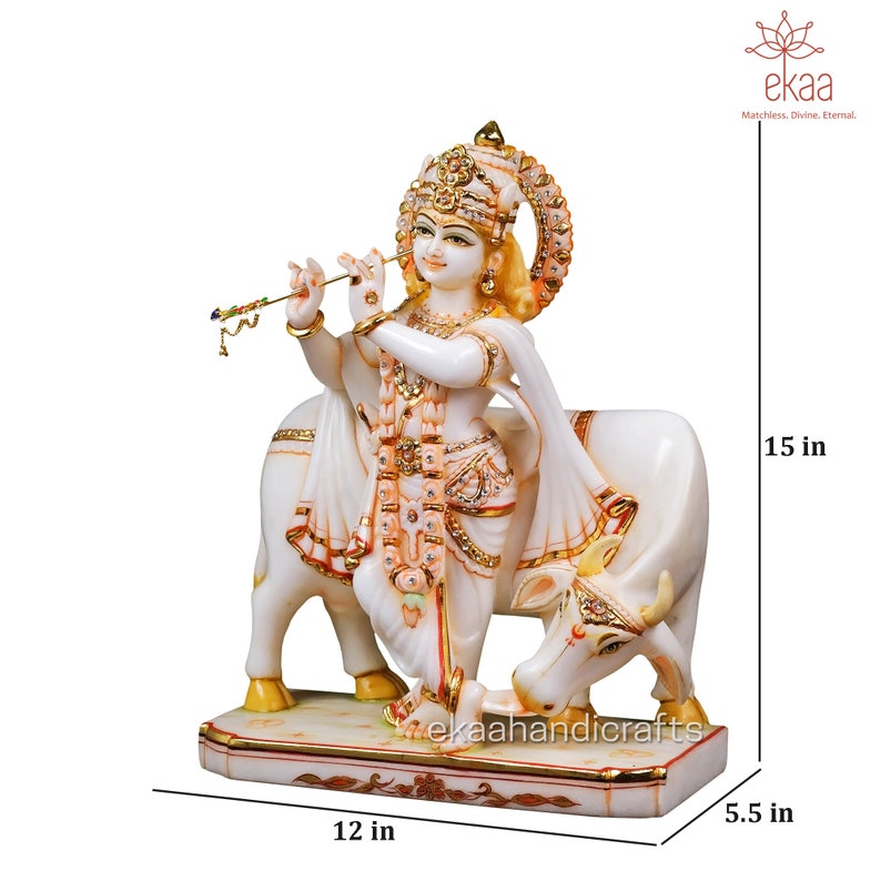 Krishna with Cow Statue in Marble, 38CM Large Size Cow Krishna Stone Idol, Krishna Bhagwan Temple Mandir Pooja Altar Hindu Religious Home image 8