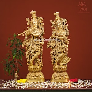 Radha Krishna Statue Brass, 76CM Radha Krishna Idols for Home Temple, Goddess Radha Lord Krishna Hindu Divine Couple, RadheKrishna Figurine