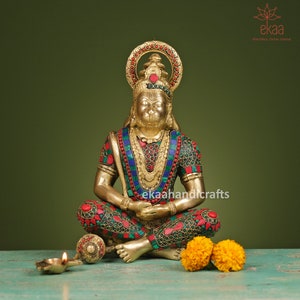 Hanuman Statue in Brass, 12&quot;Inch Big Brass Meditating Hanuman Idol With Stonework, Hindu Monkey God of Devotion, Strength, Celibacy & Bhakti