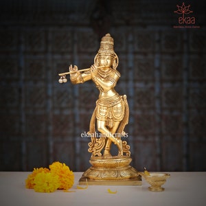 Lord Krishna Statue, 25CM Krishna in Brass, Lord Krishna Murti for Home Temple, Krishan Ji Figurine Pooja Mandir Statue, krishna with Fltue
