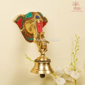 Lord Ganesha Brass Mask with Bell Wall Hanging, Brass Indian Home Decor, Diwali Decorations, Vignaharta Ganapati, Siddhi Vinayak, Wall Decor