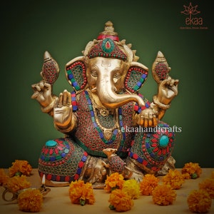 Lord Ganesha Statue Brass, Ganesha with Stonework on Singhasan for Temple Pooja Ganesha Idol for Decor, Hindu God of Luck, Ganpati Murti