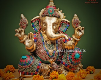 Lord Ganesha Statue Brass, Ganesha with Stonework on Singhasan for Temple Pooja Ganesha Idol for Decor, Hindu God of Luck, Ganpati Murti