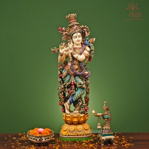 Krishna Statue in Cultured Marble, 76CM Big Large Size Krishna Idol, Krishn Bhagwan Home Temple Mandir Puja Idol, Garden Decor Sculpture