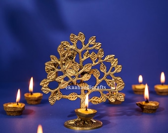 Brass Tree of life with Diya - Intricate Design Size Tree Stand, Handcrafted Indian Home Decor, Beautiful Table Decor, Indian Home Decor