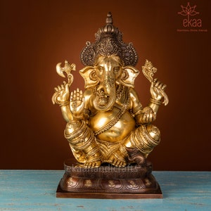 Brass Ganesha Statue,  40CM Big Large Ganesha Idol, Ganpati Sculpture for Home Temple and Puja, Ganesha Home Decor, Hindu God of Luck