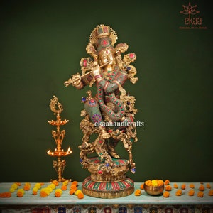 Krishna Statue in Brass, 110CM Big Large Size Krishna Brass Idol, Krishna Bhagwan Idol for Garden Decor, Krishna Home Temple Idol Stonework