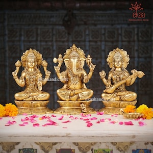 Lakshmi Ganesh Saraswati Statues, 22CM Brass Laxmi Ganesh Saraswati Idols, Hindu gods of good luck, Wealth, Wisdom,Arts, Temple Mandir Murti