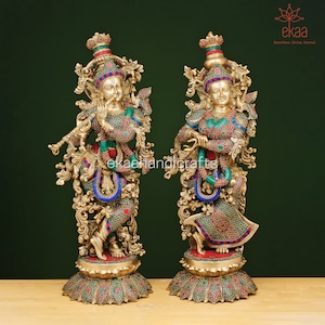 66CM Radha Krishna Brass Statue with Stonework | Hindu Divine Couple Idol | Goddess Radha & Lord Krishna Murti for Temple or Home Decor