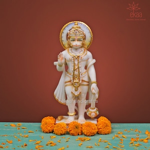 Lord Hanuman Marble Statue | 30CM Blessing Hanuman Idol with Monkey Face | Hindu God Vanara for Temple, Mandir, Home or Office Decor