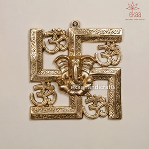 Brass Lord Ganesha with Swastik and Om with Wall Hanging, Vignaharta, Siddhi Vinayak, Wall Decor, Home Entrance Ganesha Wall Decor