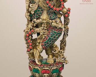 ラーダークリシュナ像 真鍮製 石細工付き 36 CM ラーダークリシュナ像