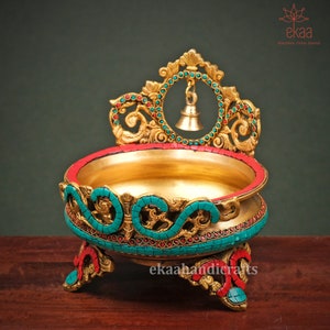 Traditional Brass Bell Urli bowl décor Intricate design Urli - Floating Flowers Candles Handcrafted Vessel for Diya stand home decorations