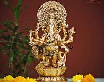 Ganesha statue in Brass, Dhrishti Ganesh with Lion for luck, Lord of wisdom, Lord Ganesha Statue, Brass Ganesha idol for Home Temple Mandir