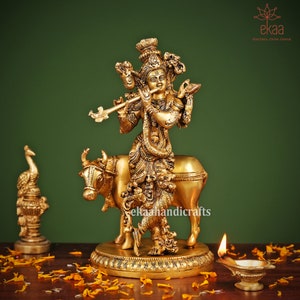 Krishna Statue in Brass, 25CM Big Size Krishna Brass Idol, Krishna Bhagwan for Temple Mandir Altar Hindu Religious Home, Lord Krishna Murti