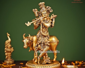 Krishna Statue in Brass, 25CM Big Size Krishna Brass Idol, Krishna Bhagwan for Temple Mandir Altar Hindu Religious Home, Lord Krishna Murti
