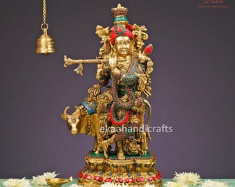 Krishna-Statue aus Messing, 43 cm große Größe Krishna Messingidol, Krishna Bhagwan für Tempel Mandir Altar Hindu Religiöses Haus, Lord Krishna Murti