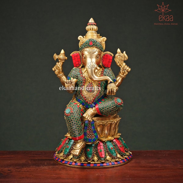 Lord Ganesha Statue in Brass with Stonework, 38 CM Ganapati Bappa Murti, Lord Vinayaka for Home Temple, God of New Beginning, Good Luck Gift