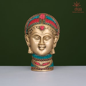 Parvati Statue in Brass with Stonework, Goddess Parvati Maa Head Sculpture for Home Decor, Showpiece, Pooja Temple Uma Parvathi Idol