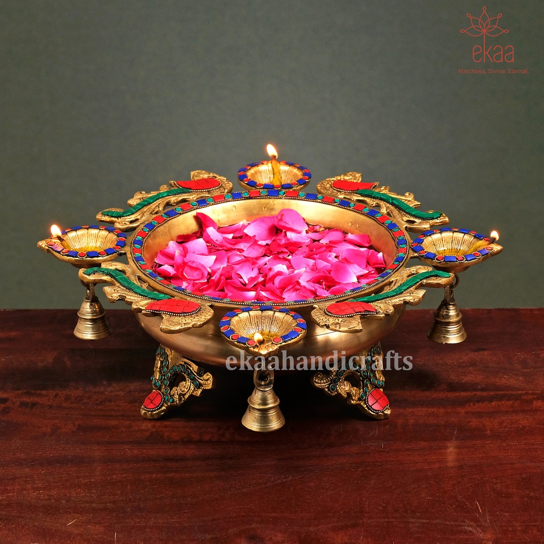 Brass Urli Traditional Bowl With 4 Diya Holders, Brass Statue for Corner Table, Urli Decor