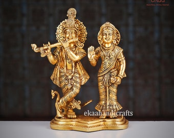 Brass Radha Krishna Statue, Hindu Divine Couple, Home Temple Decor (20CM)