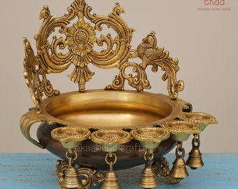 Brass Urli with Peacock Diya and Bell Decorative with Stonework, 31 cm Big Large Size Brass Urli Bowl with Diyas and bells, Brass Uruli