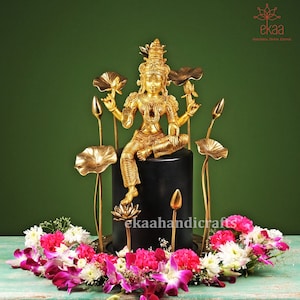 Brass Goddess Lakshmi Sitting Idol on Pedestal with Flowers, Brass Laxmi Maa statue for Home Decor, Lakshmi Figurine Showpiece Murti Idol