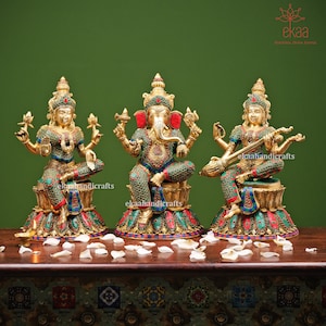 Lakshmi Ganesh Saraswati Statues, 38CM Brass Laxmi Ganesh Saraswati Home Idols  Diwali Pooja Murti, Brass Lakshmi Ganesha for home decor Set