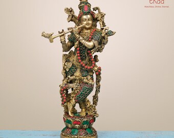 ラーダークリシュナ像 真鍮製 石細工付き 36 CM ラーダークリシュナ像