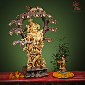 Large Krishna Statue in Brass with Tree | 86CM Krishna Bhagwan Idol | Hindu Temple Altar Decor | Big Brass Krishna Murti for Mandir or Home
