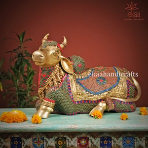 Brass Nandi Sculpture with Stonework | Sacred Bull of Shiva & Parvati | Hindu God Nandi Statue | Shiv Sevak Figurine | Handmade Home Decor