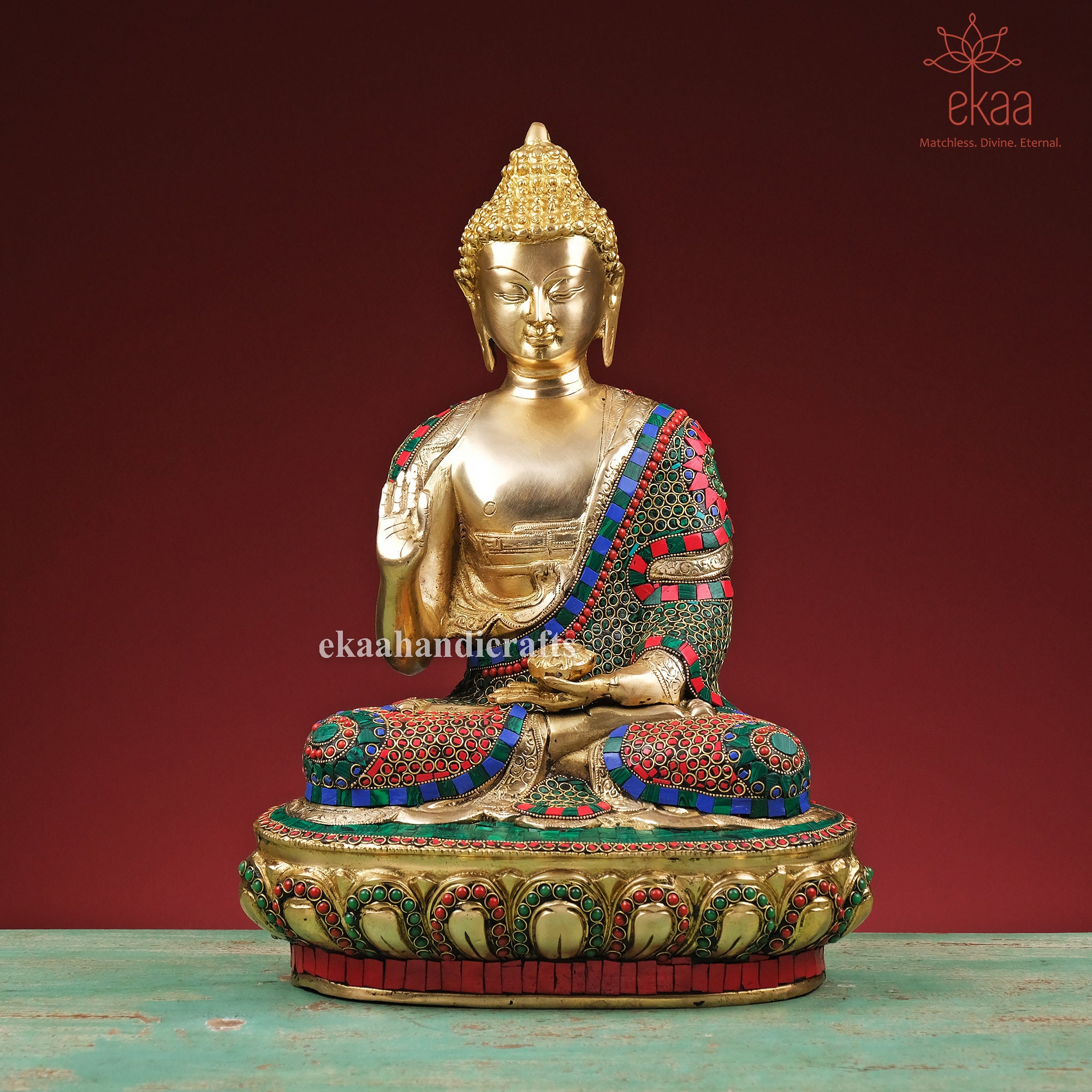 Brass Buddha Statue, 43 CM Brass Lord Buddha Idol, Outdoor Indoor Buddhist Deity, Stonework Temple Altar Yoga Studio Meditation Room Decor
