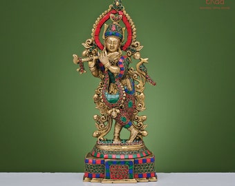 Krishna Statue in Brass with Stonework, 34CM Big Large Size  Krishna Brass Idol, Krishna Bhagwan Home Temple Puja, Hindu Religious Home