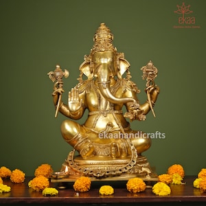 Ganesha Statue in Brass 40CM, Big Large Ganesha Idol, Ganpati Sculpture for Home Temple/Puja, Garden in Brass, Hindu God of Luck